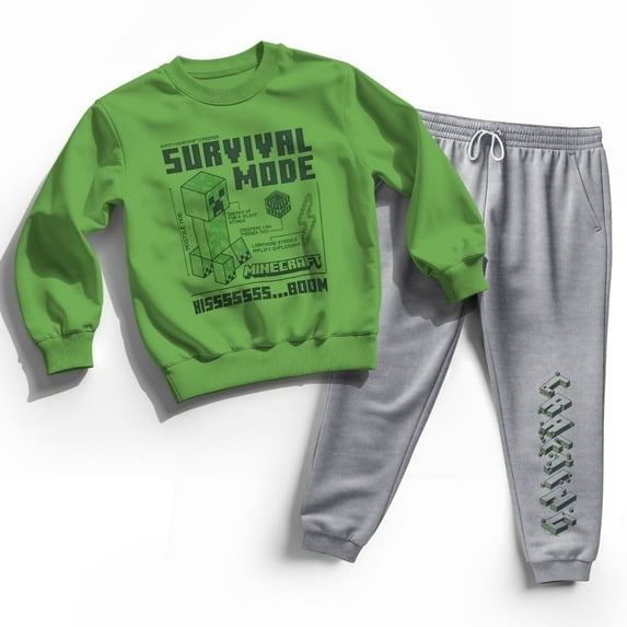 Minecraft Creeper Boy's 2-Piece Fleece Long-Sleeved Shirt and Pants Set - Crewneck Sweatshirt and Joggers Bundle for Kids (Size 2T-12)