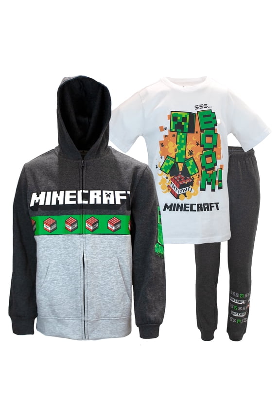Creeper Boys 3-Piece Bundle Set, Zip up Fashion Hoodie, Short Sleeve T-Shirt, and Jogger Sweatpants (Sizes 4-16)