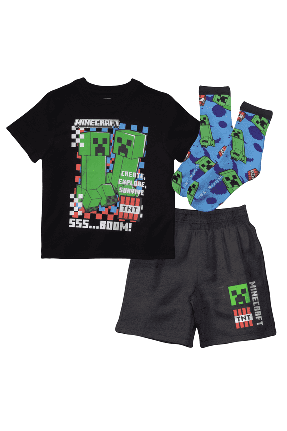 Creeper Boys' Summer Outfit 3-Piece Set, Graphic T-Shirt, Shorts & Socks, Sizes 4-16