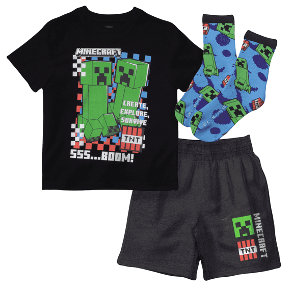 Minecraft Creeper Boys' Summer Outfit 3-Piece Set, Graphic T-Shirt, Shorts & Socks, Sizes 4-16