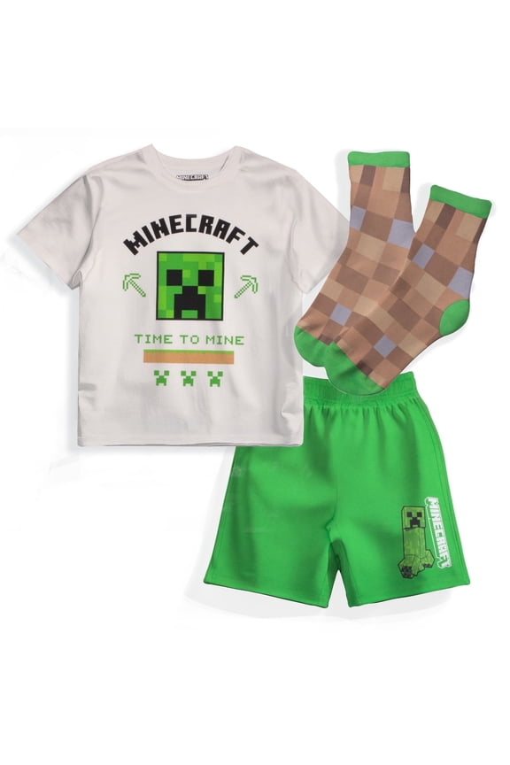 Creeper Boys 3-Piece Set - Short Sleeve Graphic T-Shirt, Shorts & Socks - Complete Summer Outfit for Kids (Sizes 4-16)