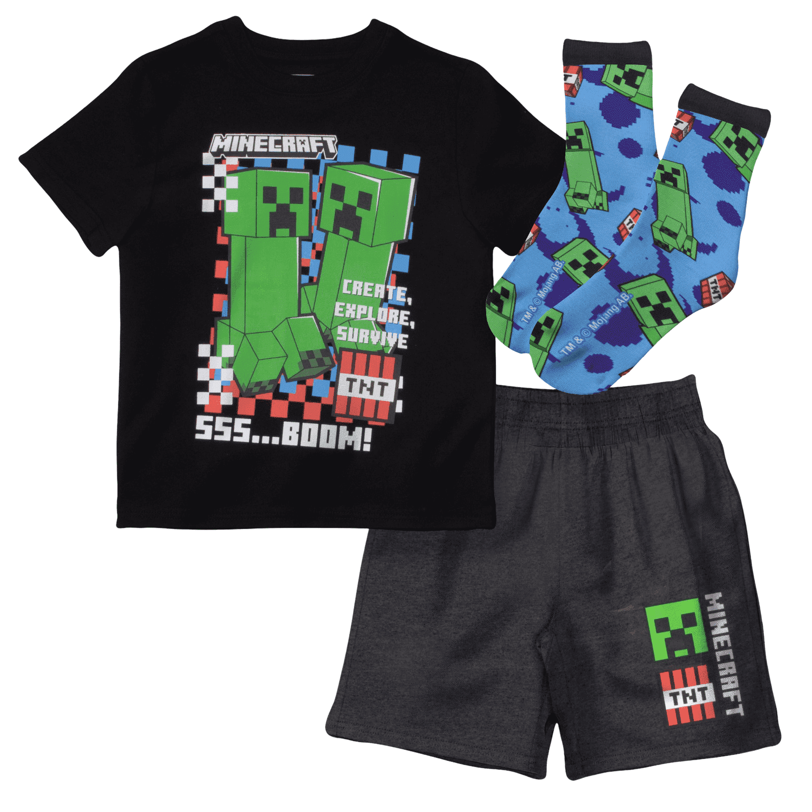 Minecraft Creeper Boys' Summer Outfit 3-Piece Set, Graphic T-Shirt, Shorts & Socks, Sizes 4-16