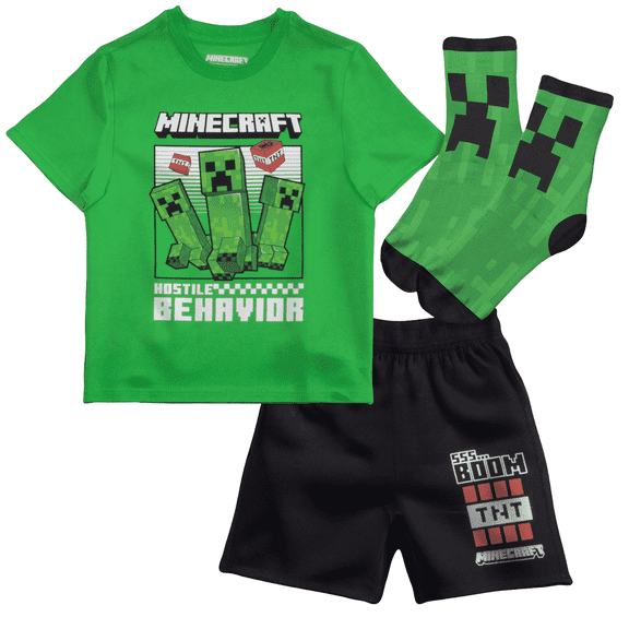 Minecraft Creeper Boys' Summer Outfit 3-Piece Set, Graphic T-Shirt, Shorts & Socks, Sizes 4-16