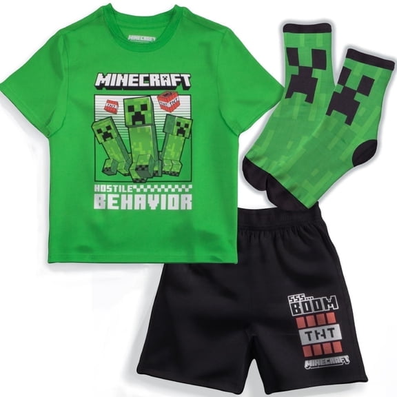 Minecraft Creeper Boys' Summer Outfit 3-Piece Set, Graphic T-Shirt, Shorts & Socks, Sizes 4-16