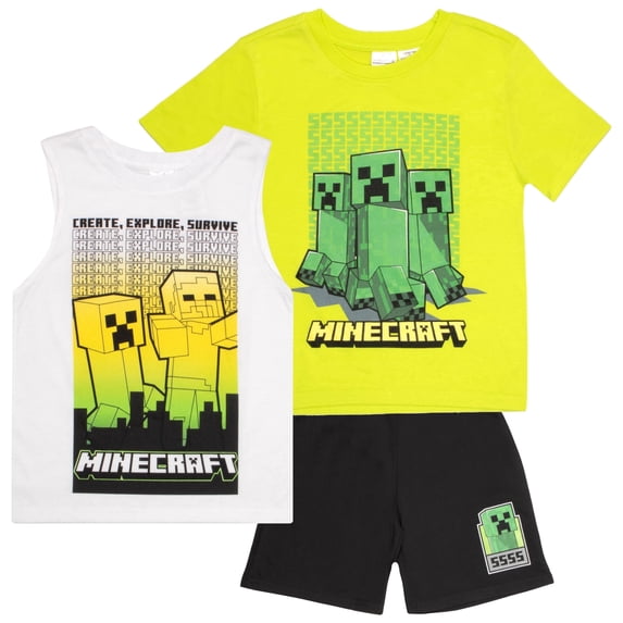 Minecraft Boys Creepers T-Shirt, Tank Top & Shorts Set (Little & Big Boys), 3-Piece Bundle, Sizes 4–8