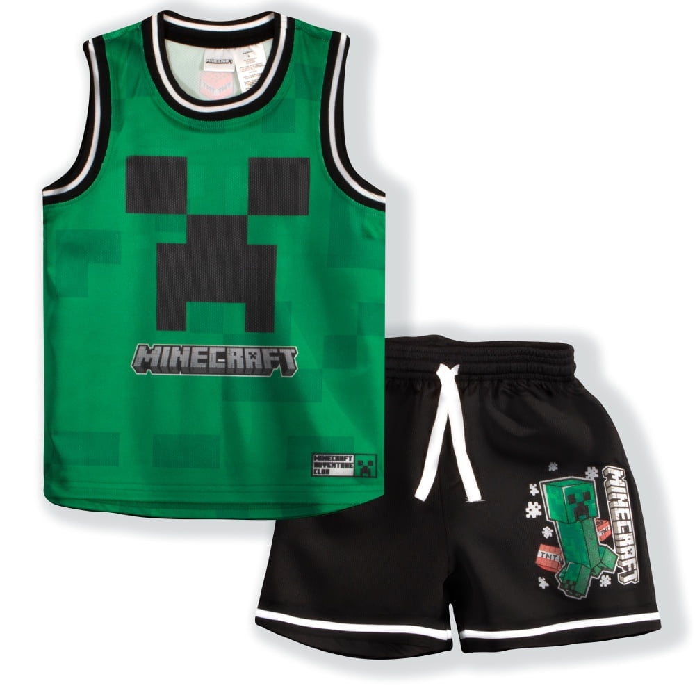 Minecraft Creeper Boys Basketball Sleeveless Shirt & Shorts, 2-Piece Outfit Set for Kids (Size 4-12)