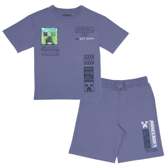 Minecraft Creeper Boys Short Sleeve T-Shirt & Shorts with Lenticular Image Changing Patch, 2-Piece Gamer Outfit Shorts Set for Kids (Size 4-10)