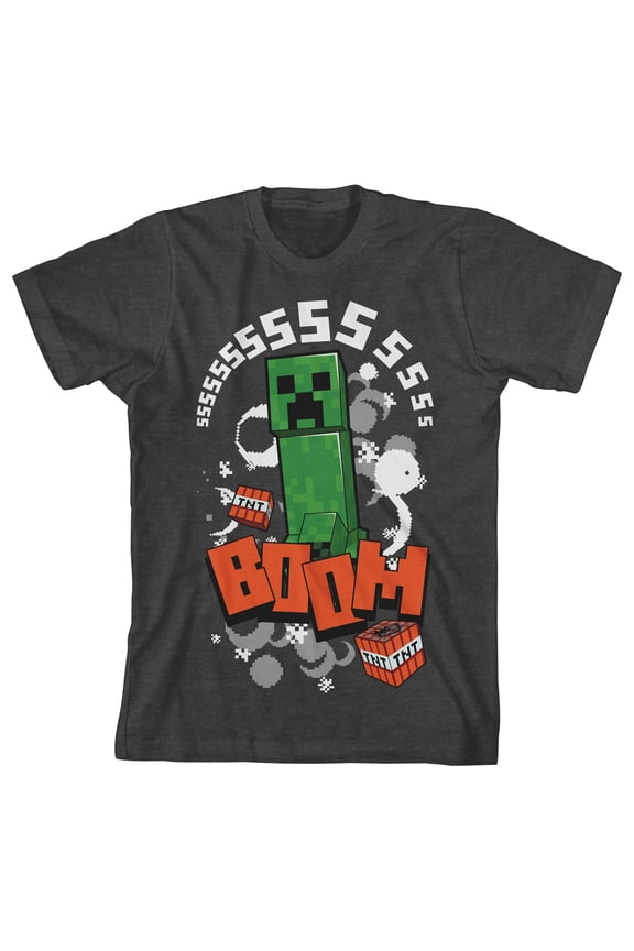 Minecraft Creeper Character TNT Boom Youth Charcoal Heather Graphic Tee-Large