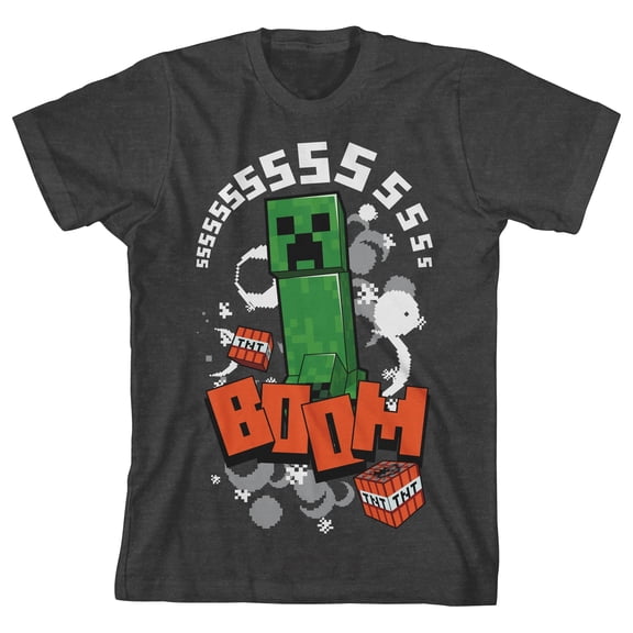 Minecraft Creeper Character TNT Boom Youth Charcoal Heather Graphic Tee-Medium