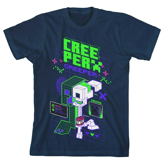 Minecraft Creeper Distortion Clash Trend Boy's Navy Blue T-shirt-Small