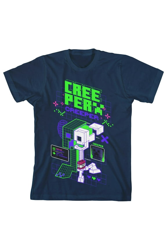 Minecraft Creeper Distortion Clash Trend Boy's Navy Blue T-shirt-Small