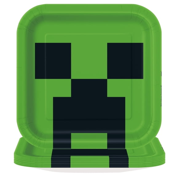 Minecraft Creeper Face Square 9" Dinner Plates, 8ct