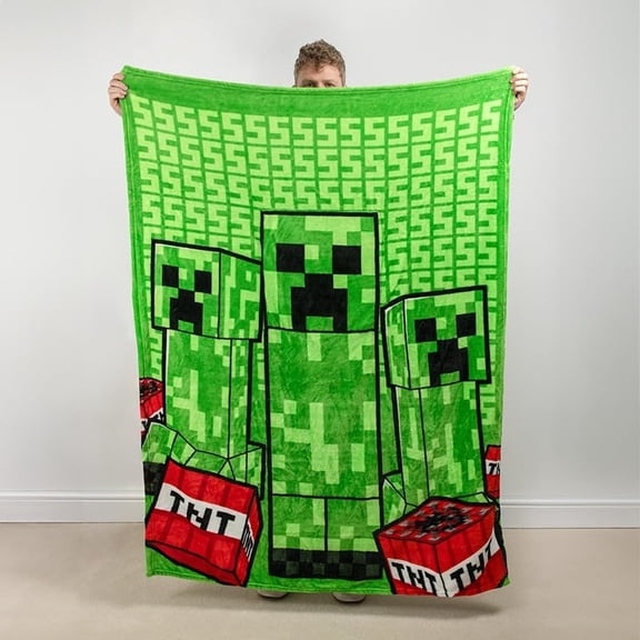 Minecraft Creeper Flannel Blanket, Soft Cozy Travel Throw for Gamers, 50x40 inch