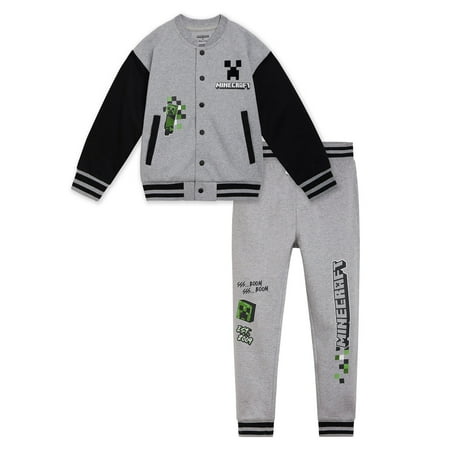 Minecraft Creeper Fleece Varsity Bomber Jacket and Jogger Pants Outfit Set Little Kid to Big Kid