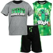 MINECRAFT Creeper Little Boys T-Shirt Tank Top and Mesh Shorts 3 Piece Outfit Set Little Kid to Big Kid