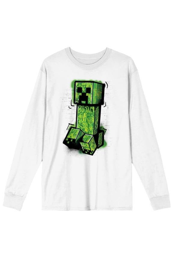 Minecraft Creeper Men's White Long Sleeve Shirt-XL