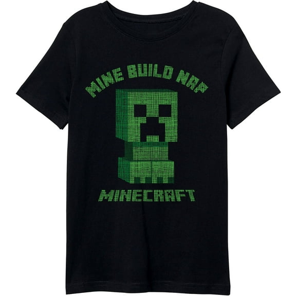 Minecraft Creeper Mine Build Nap Boy's Black T-shirt-Medium