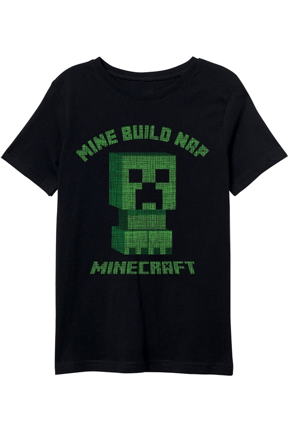 Minecraft Creeper Mine Build Nap Boy's Black T-shirt-XS