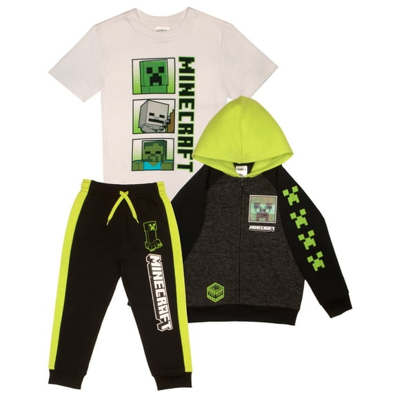 Minecraft Boys Creeper Skeleton Zombie Zip‑Up Hoodie, Graphic T‑Shirt & Sweatpants Set (Little & Big Boys), 3‑Piece Bundle, Sizes 4–16