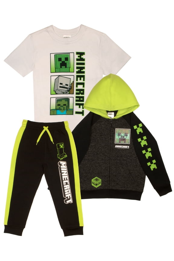 Boys Creeper Skeleton Zombie Zip‑Up Hoodie, Graphic T‑Shirt & Sweatpants Set (Little & Big Boys), 3‑Piece Bundle, Sizes 4–16