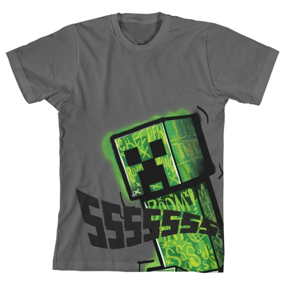 Minecraft Creeper Ssssssss Youth Boy's Charcoal T-Shirt-Medium