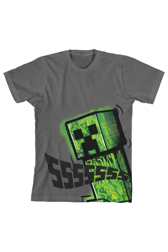 Minecraft Creeper Ssssssss Youth Boy's Charcoal T-Shirt-Medium