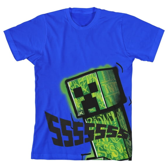 Minecraft Creeper Ssssssss Youth Boy's Royal Blue T-Shirt-XL