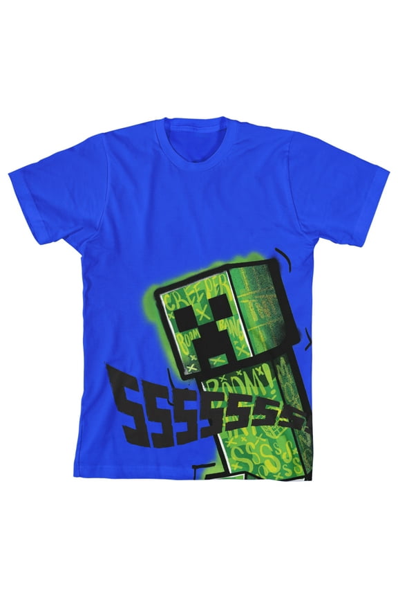 Minecraft Creeper Ssssssss Youth Boy's Royal Blue T-Shirt-XS