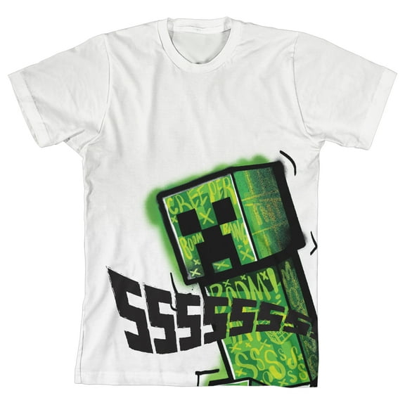 Minecraft Creeper Ssssssss Youth Boy's White T-Shirt-XS