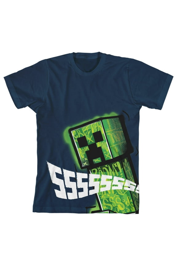 Minecraft Creeper Ssssssss Youth Boys Navy Blue T-Shirt-Large