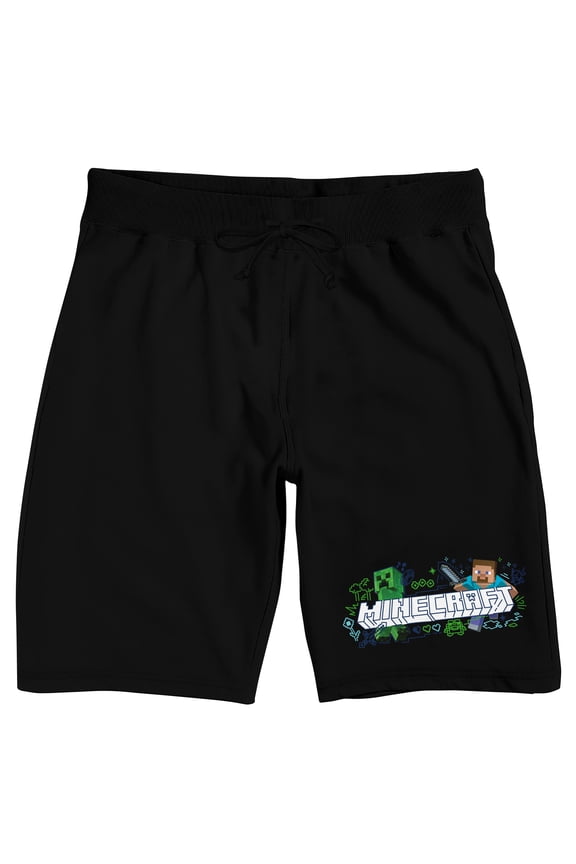 Minecraft Creeper & Steve Men's Black Sleep Pajama Shorts-Medium