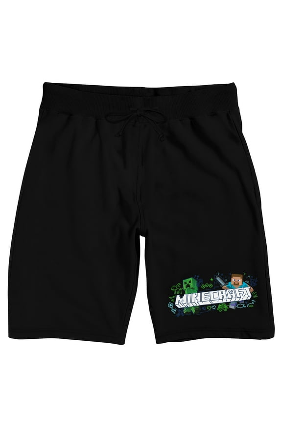 Minecraft Creeper & Steve Men's Black Sleep Pajama Shorts-XL