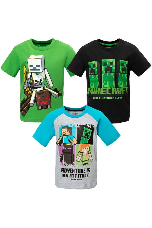 Creeper Steve Skeleton Little Boys 3 Pack T-Shirts Little Kid to Big