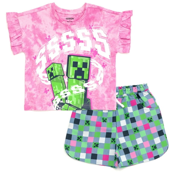 Minecraft Creeper T-Shirt and Chambray Shorts Outfit Set Tie Dye Little Kid to Big Kid