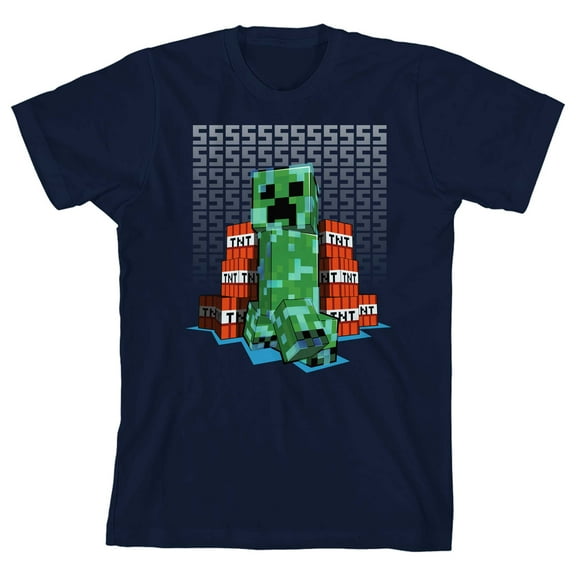 Minecraft Creeper TNT Sound Background Boy's Navy Blue T-shirt-Large