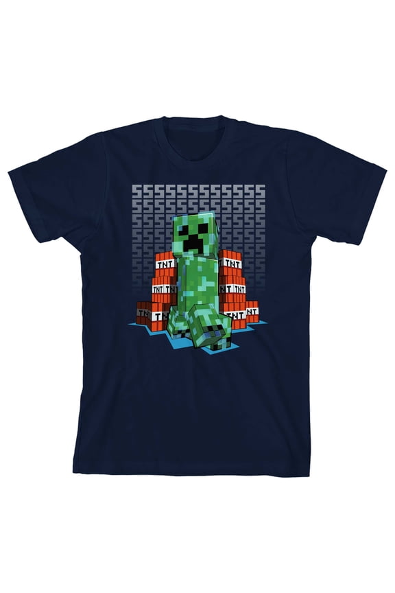 Minecraft Creeper TNT Sound Background Boy's Navy Blue T-shirt-Large