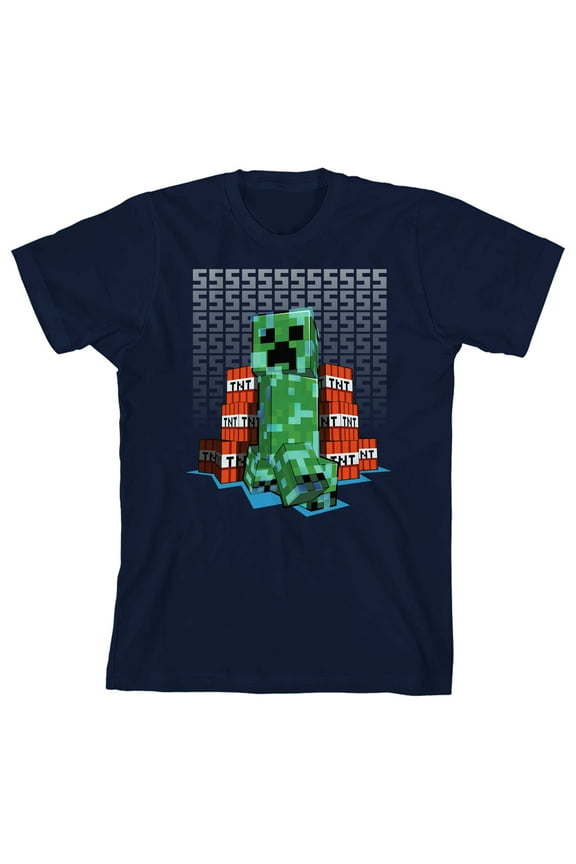 Minecraft Creeper TNT Sound Background Boy's Navy Blue T-shirt-Small