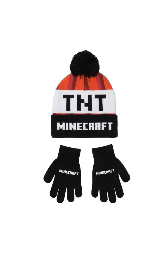 Minecraft Creeper TNT Youth Winter Two Way Hat And Knit Gloves Cold Weather Set
