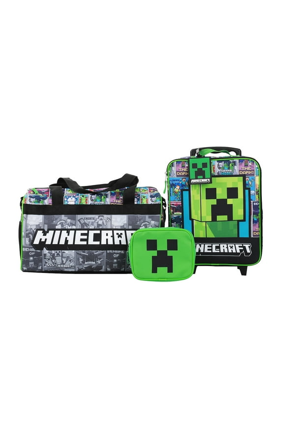 Minecraft Creeper Youth 4-Piece Travel Set-14" Carry-on Duffle Bag and Luggage Tag Set