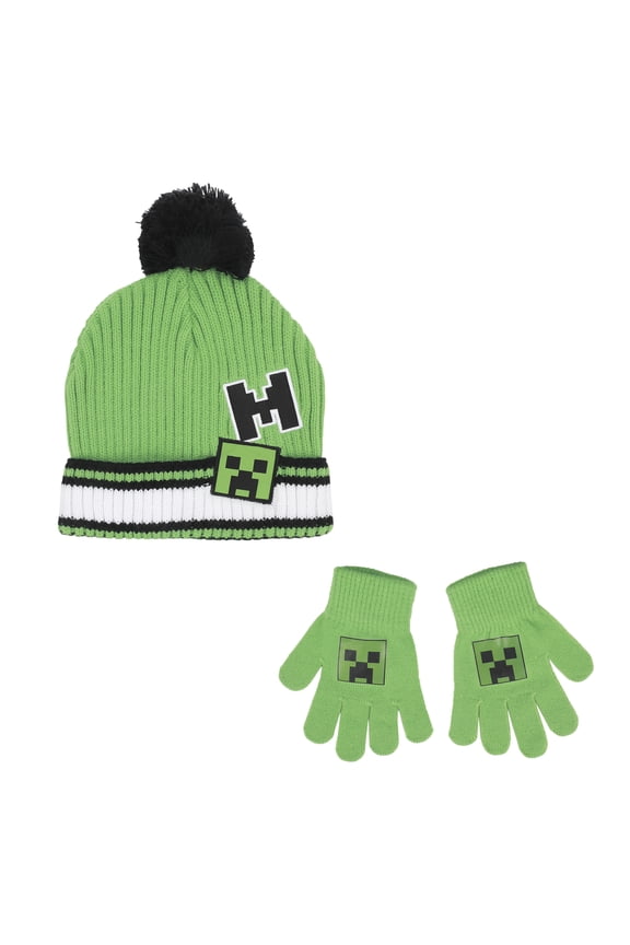 Minecraft Creeper Youth Cuff Hat And Knit Gloves Cold Weather Set