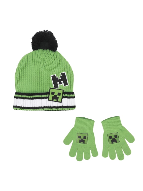 Minecraft Creeper Youth Cuff Hat And Knit Gloves Cold Weather Set
