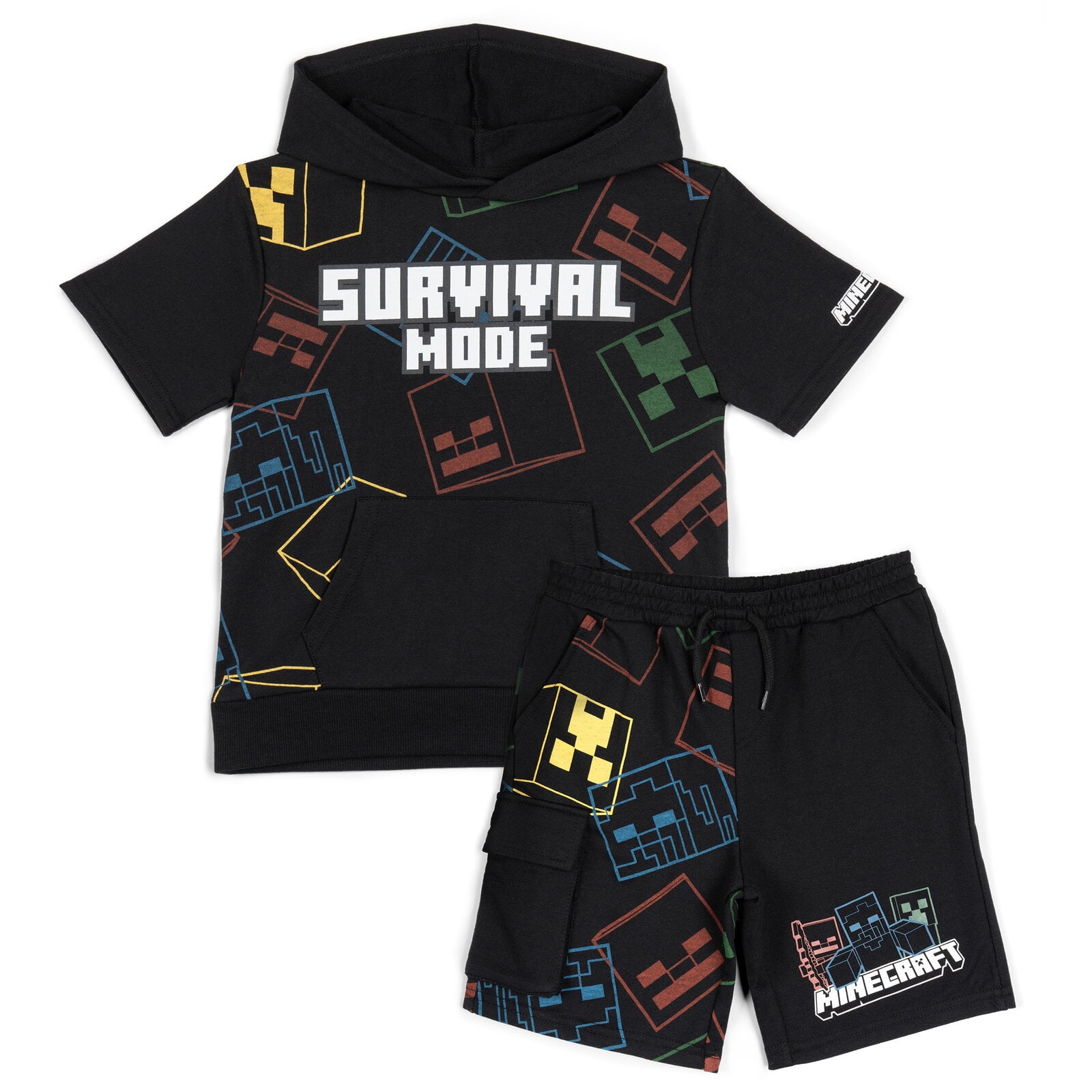 Minecraft Big Boys' 2-Piece Hooded Tee and Shorts Set Black