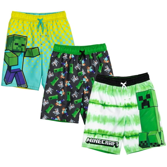 Minecraft Creeper Zombie Steve 3 Pack UPF 50+ Swim Trunks Little Kid to Big