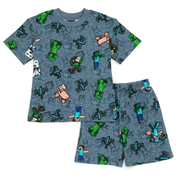 Minecraft Creeper Zombie Steve French Terry T-Shirt and Bike Shorts Outfit Set Little Kid to Big Kid