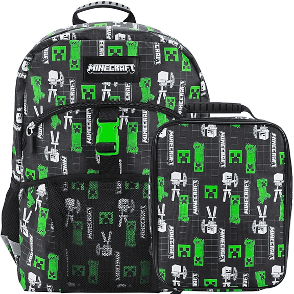 Minecraft Creepers 2-Piece 16" Premium Backpack & Lunch Kit Set For School And Travel