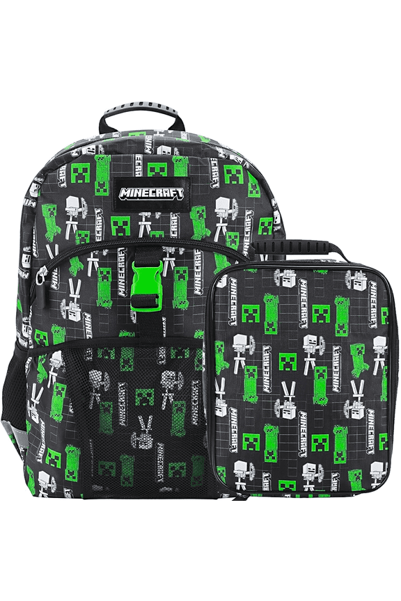 Minecraft Creepers 2-Piece 16" Premium Backpack & Lunch Kit Set For School And Travel