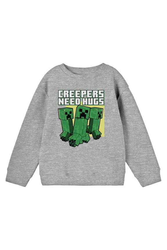 Minecraft Creepers Need Hugs Youth Athletic Heather Long Sleeve Sweatshirt-Large