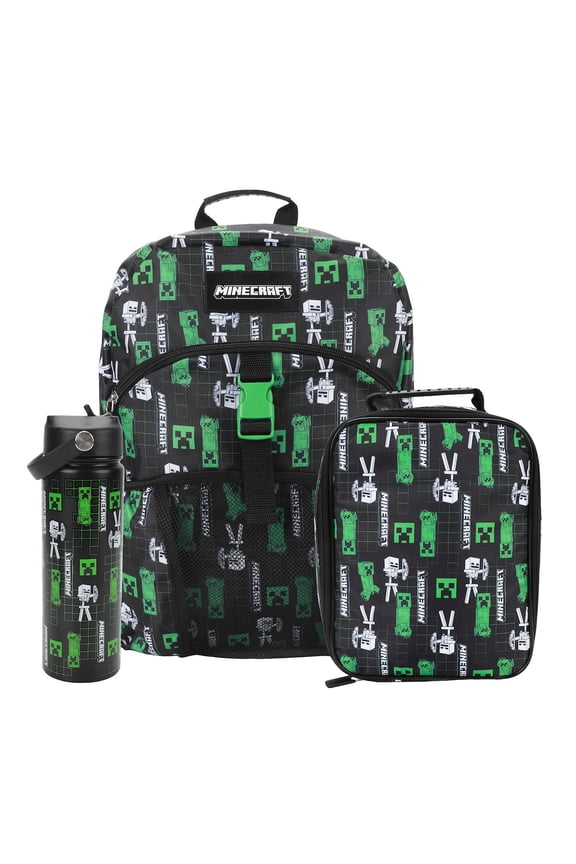 Minecraft Creepers & Skeletons All-Over Print Black 16 Backpack With Lunchbox Set and Stainless Steel Water Bottle
