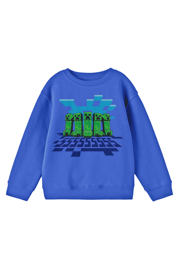 Minecraft Creepers Walking With Clouds and Shadows Youth Boys Royal Blue Long-Sleeve Tee-XS