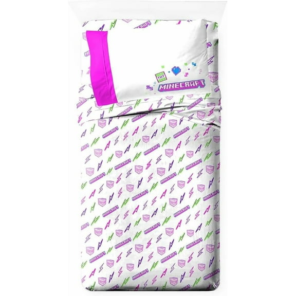 Minecraft Cyber Neon 3 Piece Twin Size Bed Sheets Set - Girl Gaming Bedding